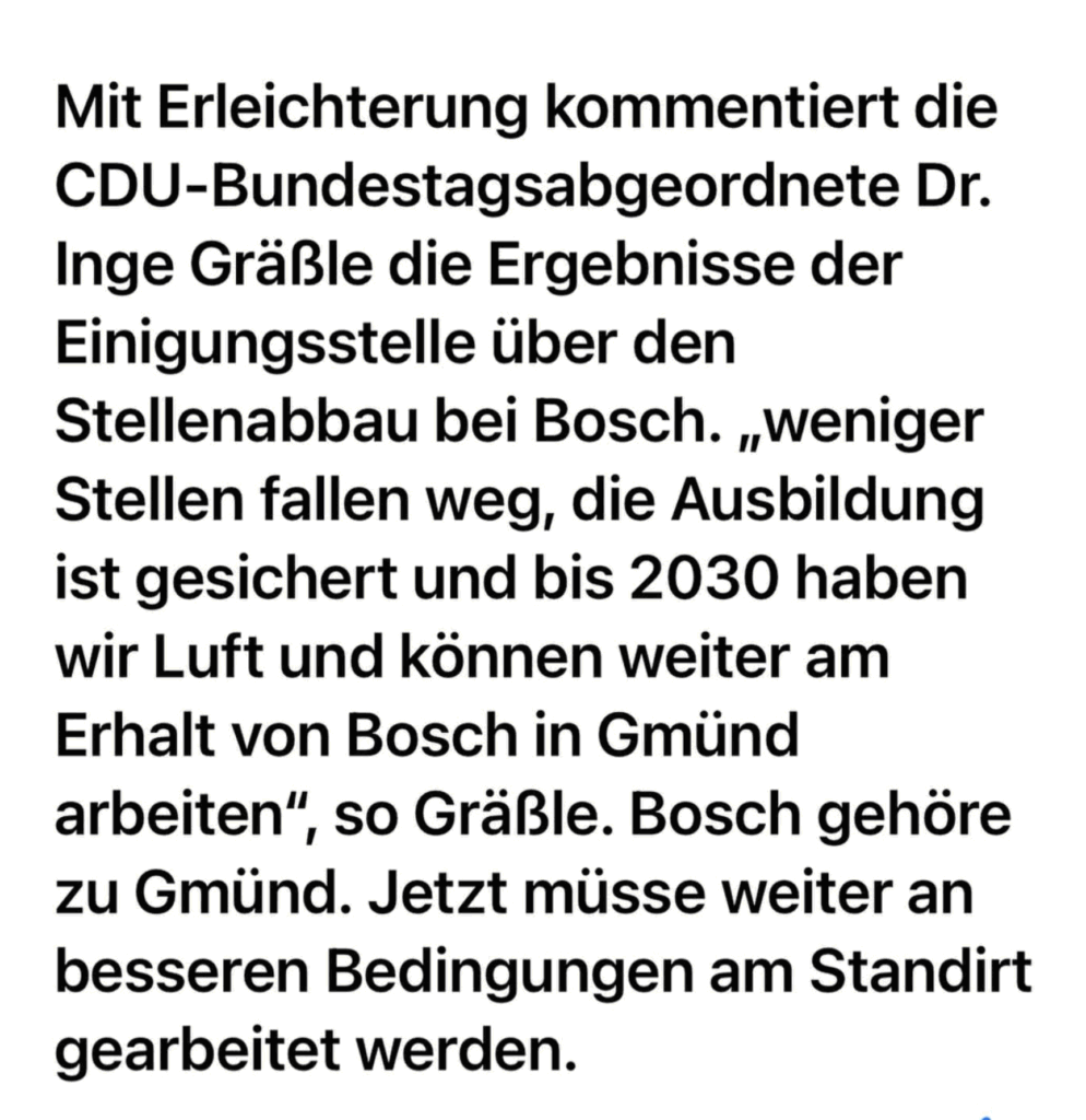 Dr. Gräßle erleichtert wegen Bosch Stellenabbau